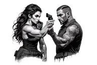 woman pointing gun at man with gun tattoo design idea