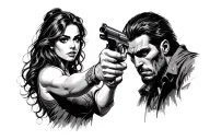 woman pointing gun at man with gun tattoo design idea