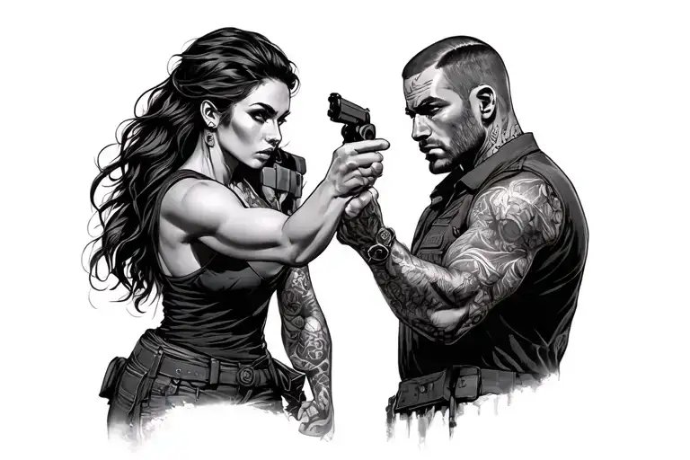 woman pointing gun at man with gun tattoo design idea