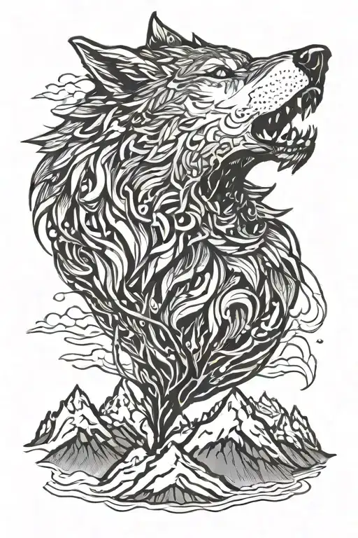 Growling Wolf And Mountains tattoo design idea