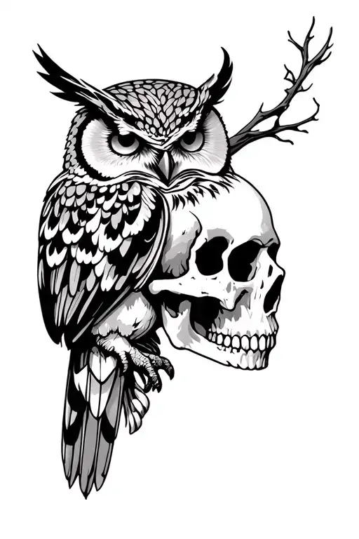 an owl standing on a human skull, long piece, morbid tribal style tattoo for rib side position tattoo design idea