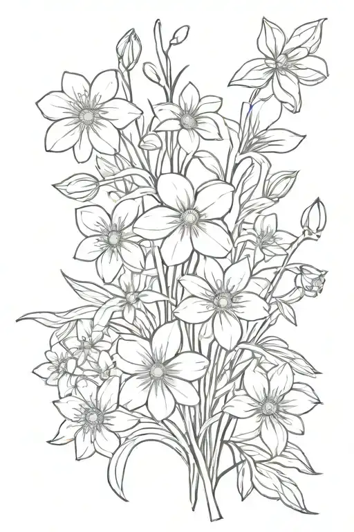 daisies and daffodils flower bouquet, cherry blossoms, snow drops, violets, greenery, stems tattoo design idea