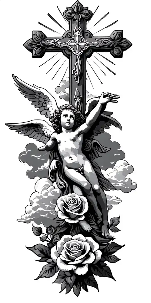 a cross with rays and roses and a cherub with clouds with rays and clouds tattoo design idea
