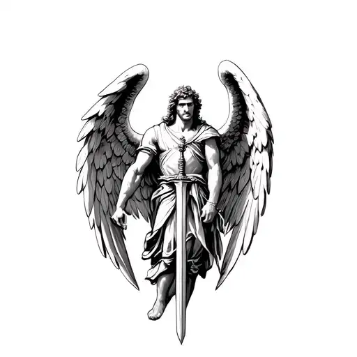 archangel Michael with sharp wings holding sword tattoo design idea