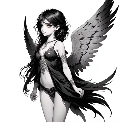 a female anime angel with six wings and eyes on the wings tattoo design idea