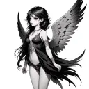 a female anime angel with six wings and eyes on the wings tattoo design idea