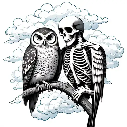 skeleton guarding two owls from rain Strom clouds tattoo design idea