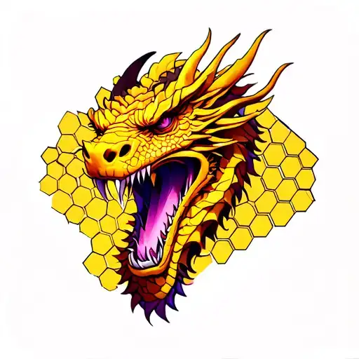 Full arm tattoo with a purplish-yellow dragon head on inner forearm, blending into yellow-brown honeycomb on lower arm,  tattoo design idea