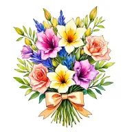 gladiolus, jonquil, rose, sweet pea flower bouquet tied with bow line tattoo colored. tattoo design idea