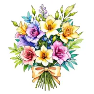 gladiolus, jonquil, rose, sweet pea flower bouquet tied with bow line tattoo colored. tattoo design idea