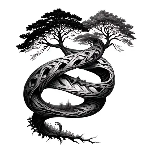 double helix merging with nature elements like trees tattoo design idea