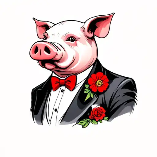 GANGSTER PIG WITH TUXEDO WITH RED BOWTIE AND RED FLOWER ON LAPEL tattoo design idea