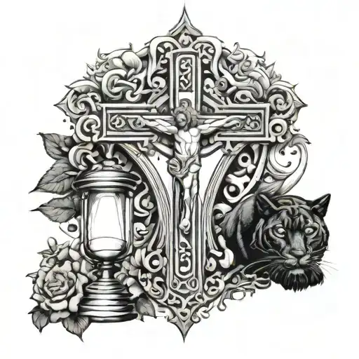 Jesus or a cross with a black panther hourglass the word sonder and the words the price you pay across bottom tattoo design idea