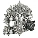 Jesus or a cross with a black panther hourglass the word sonder and the words the price you pay across bottom tattoo design idea