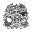 Jesus or a cross with a black panther hourglass the word sonder and the words the price you pay across bottom tattoo design idea