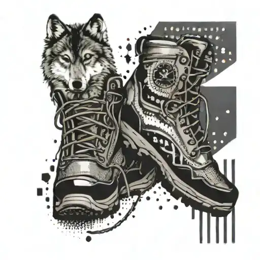Binary code wrapping around a hiking boot with a wolf silhouette in the background tattoo design idea