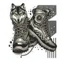 Binary code wrapping around a hiking boot with a wolf silhouette in the background tattoo design idea