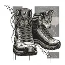 Binary code wrapping around a hiking boot with a wolf silhouette in the background tattoo design idea
