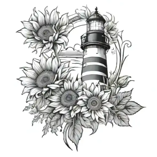 lighthouse and sunflowers growing tattoo design idea
