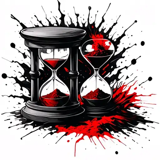 "Trash Polka tattoo art, black and red ink. An hourglass with cracked glass and sand turning into dust. The alchemical s tattoo design idea
