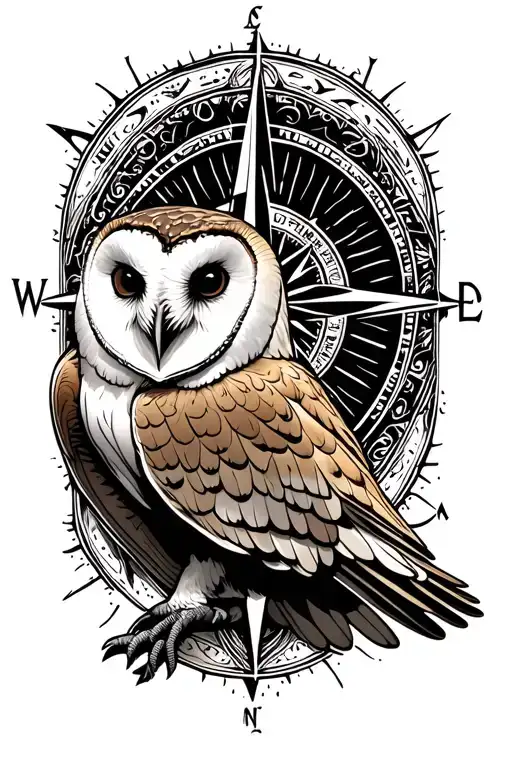 barn owl flying compass astrology background tattoo design idea