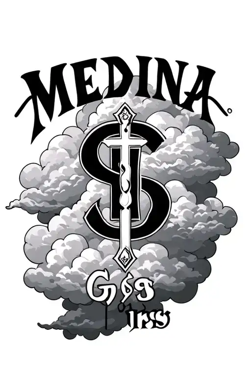 clouds  background with the word Medina in center and a "G$" with "iris " as well as a cross  tattoo design idea