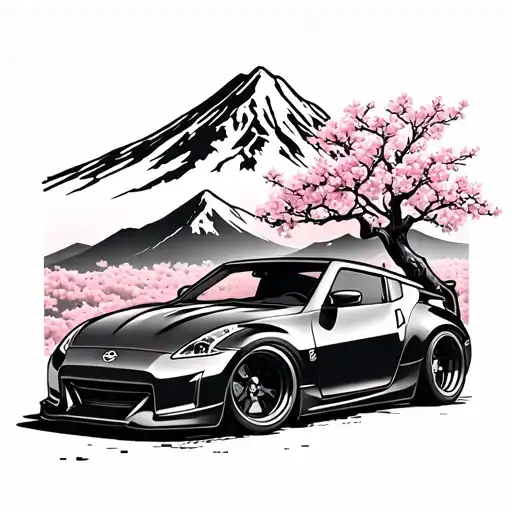 Japanese theme. Mountain in background, and cherry blossom tree and modded Nissan 350z car in foreground. tattoo design idea