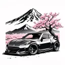 Japanese theme. Mountain in background, and cherry blossom tree and modded Nissan 350z car in foreground. tattoo design idea