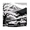 Japanese theme. Mountain in background, and cherry blossom tree and modded Nissan 350z car in foreground. tattoo design idea