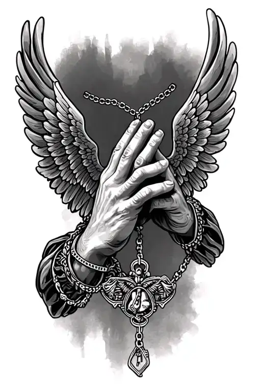 Praying Hands, Rosary necklace, Wings tattoo design idea