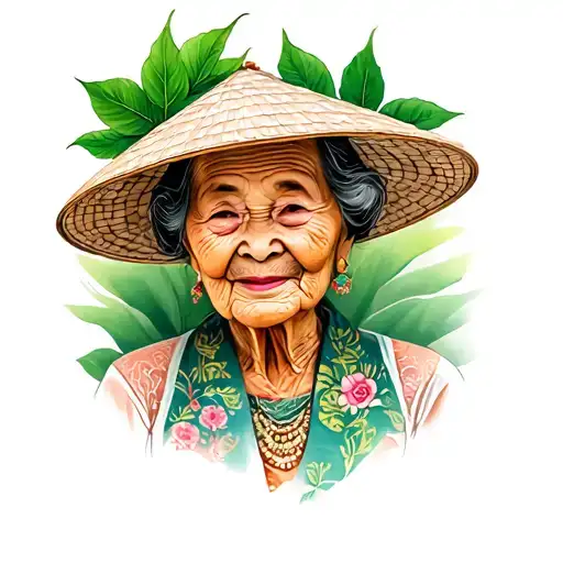 The portrait of the old lady has a Vietnamese leaf hat color tattoo design idea