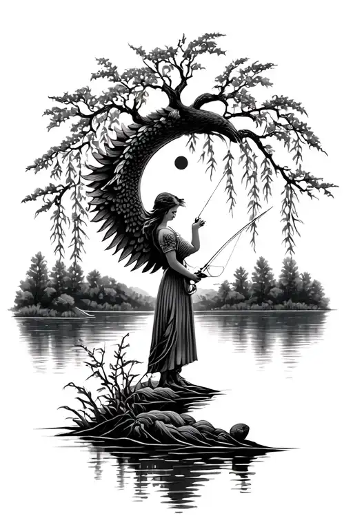 Pheonix, Crescent moon, willow tree over river with girl fishing  tattoo design idea