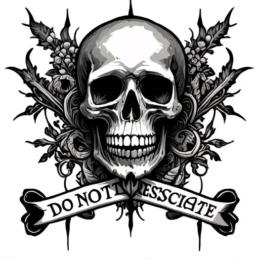 "DO NOT RESUSCITATE" Ornamental skull tattoo with dark symbolism and detailed bone art in morbid style tattoo design idea