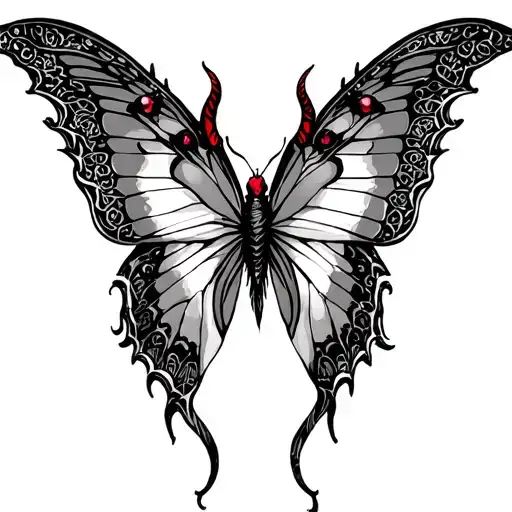 butterfly with devil horns, lace wings and ruby eyes tattoo design idea