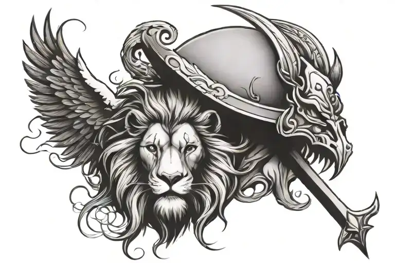 half lion face half eagle face with a trident incorporated tattoo design idea