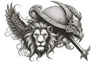 half lion face half eagle face with a trident incorporated tattoo design idea