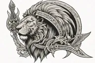 half lion face half eagle face with a trident incorporated tattoo design idea