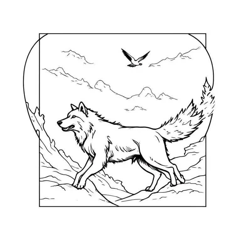 A wild animal (such as wolves, foxes, bears, hunting birds) running or flying in the heart of dense forests, which symbolizes freedom and adventure b tattoo design idea