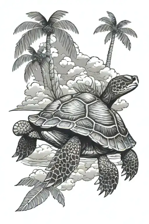 turtle, palm tree and clouds tattoo design idea