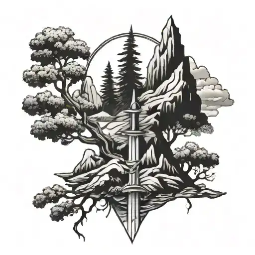 sword mountain and tree growing tattoo design idea