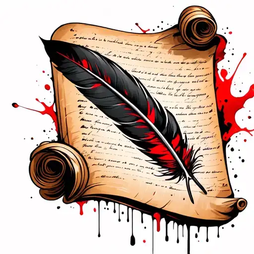 feather quill pen writing on a scroll tattoo design idea