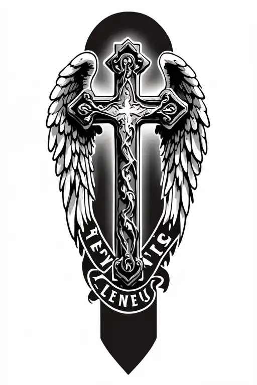 stone cross tattoo with angel wings with the words LEVENTIS running down  tattoo design idea