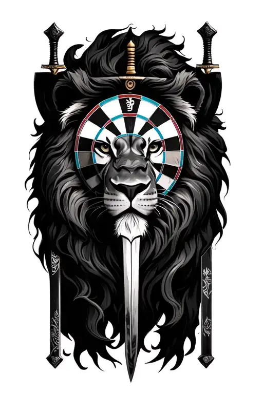 Lion, dart board, nature, samurai sword tattoo design idea