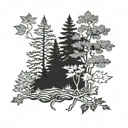 A forest landscape with hidden Toronto Maple Leafs symbols in dotwork tattoo design idea