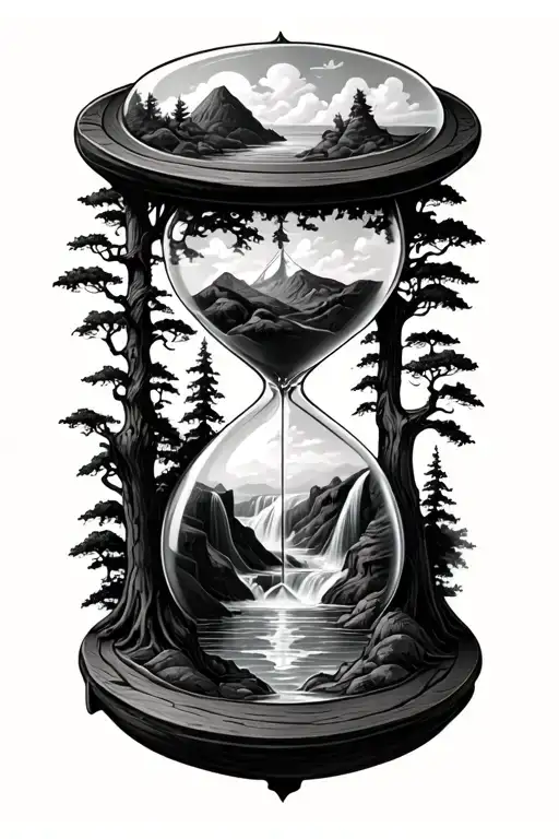 time is running out hourglass. with trees and waterfalls tattoo design idea