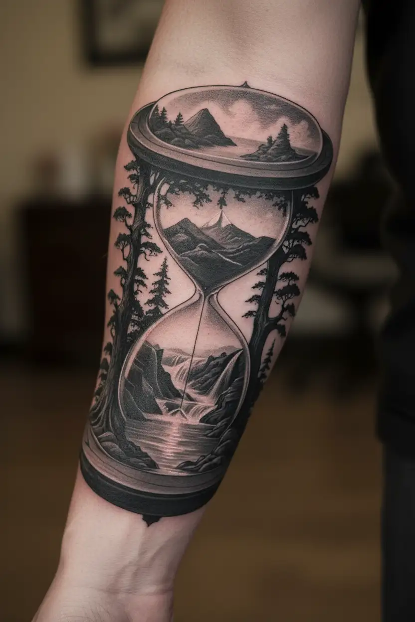 time is running out hourglass. with trees and waterfalls tattoo design idea