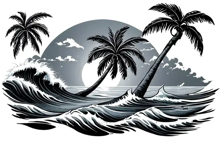 palm tree with waves tattoo design idea