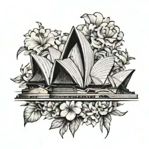 sideview of sydney opera house surrounded by australian flowers tattoo design idea