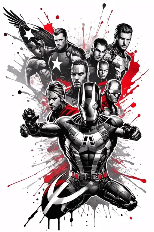 Design a tattoo featuring a collage of different Avengers characters in a blackwork style tattoo design idea