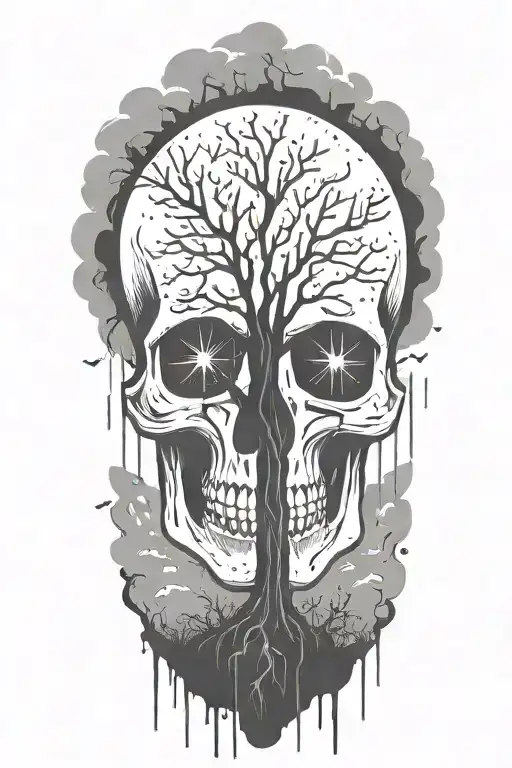 peace and lightining storm and time and nature featuring skull tattoo design idea